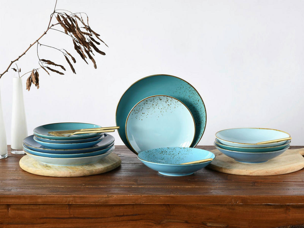 CreaTable Tafelservice Nature Collection Aqua blau Keramik 12 tlg. Nature Collection Aqua - blau - CreaTable