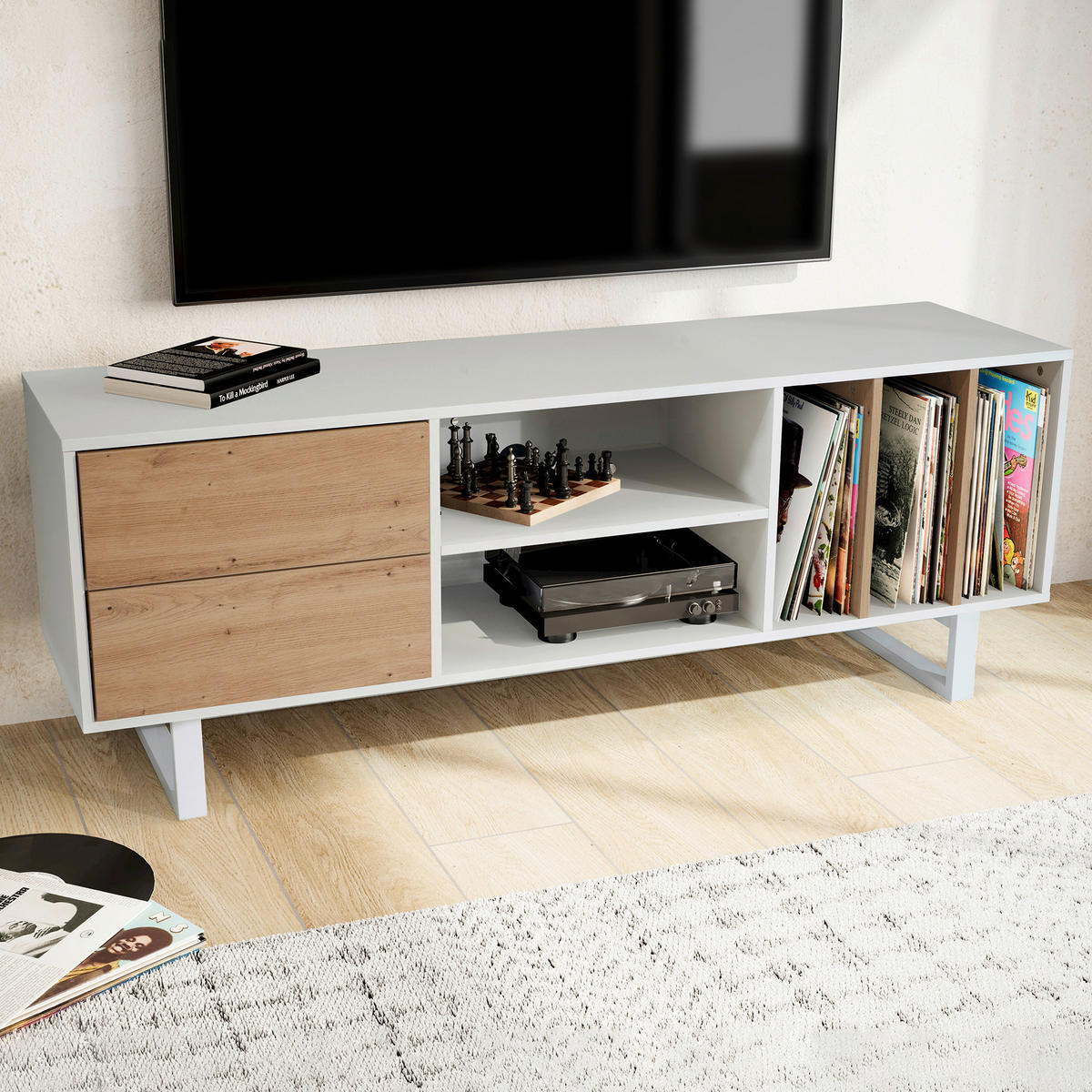 Lowboard weiß Eiche Optik B/H/T: ca. 150x55x40 cm TV & Lowboard - weiß (150,00/55,00/40,00cm) - Wohnling