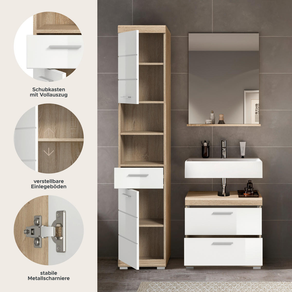 Badezimmer-Set Lambada Eiche Sonoma Nachbildung weiß Hochglanz B/H/T: ca. 112x191x37 cm Lambada - Eiche/weiß (112,00/191,00/37,00cm) - xonox.home