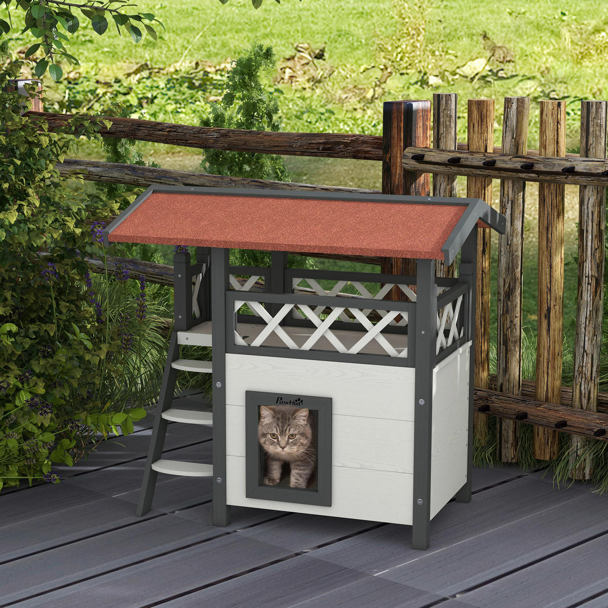 PawHut Katzen-Zubehör weiß Polypropylen B/H/L: ca. 50x77x73 cm Katzenhaus - weiß/rot (73,00/50,00/77,00cm) - PawHut