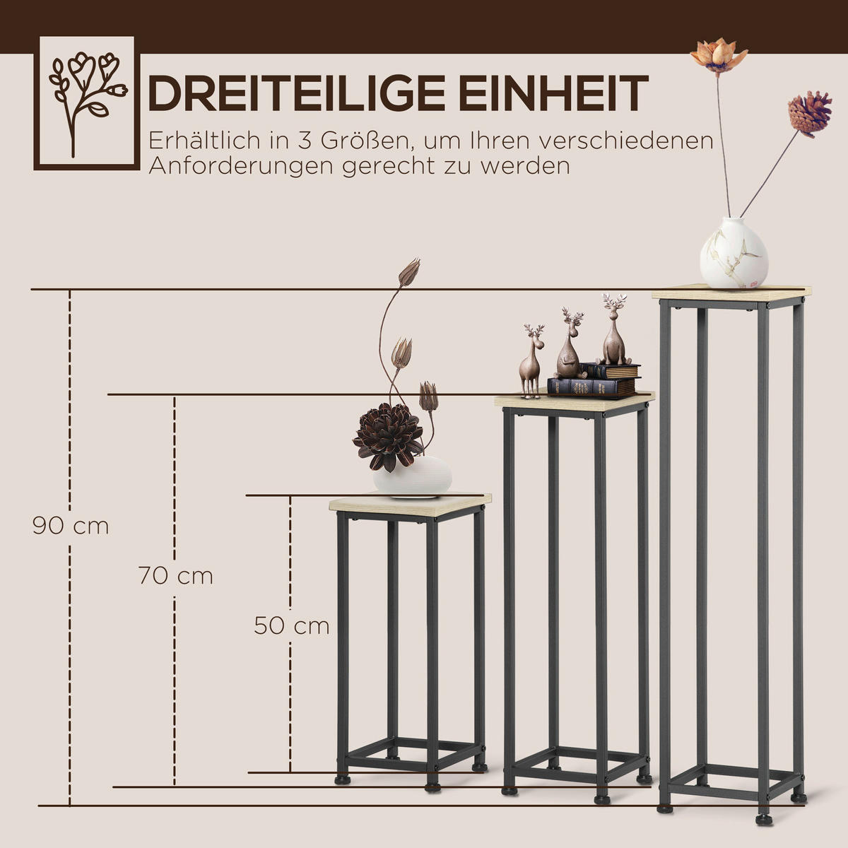 Outsunny Pflanzenständerset schwarz Stahl B/H/L: ca. 21x90x21 cm Pflanzenständerset - braun/schwarz (21,00/21,00/90,00cm) - Outsunny