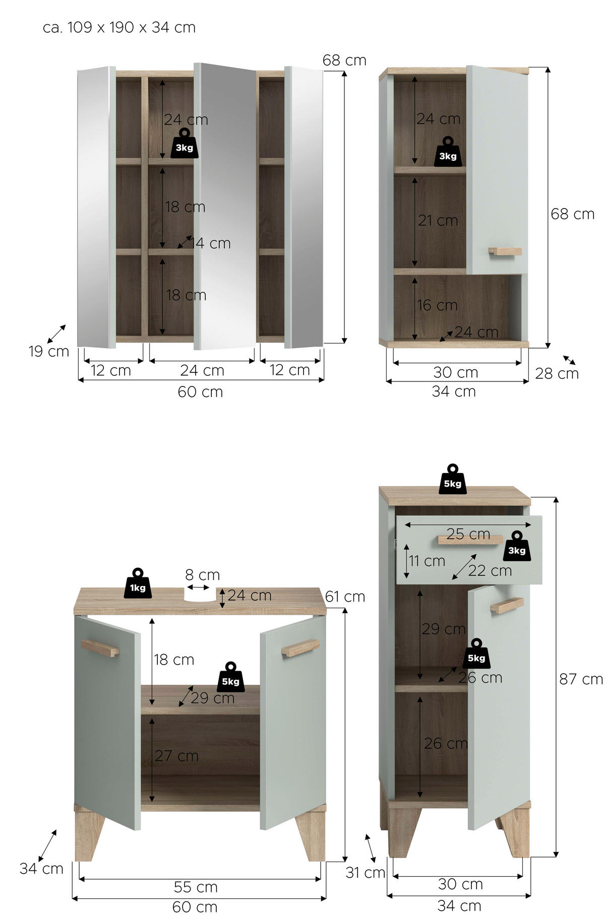 Badezimmer-Set STAR hellgrün Eiche hell Nachbildung B/H/T: ca. 109x190x34 cm STAR - hellgrün (109,00/190,00/34,00cm) - xonox.home