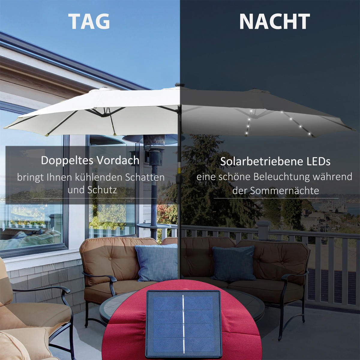 Outsunny Sonnenschirm mit Solar-LED-Leuchte bunt Polyester B/H/L: ca. 265x240x450 cm Sonnenschirm_mit_Solar-LED-Leuchte - bunt (450,00/265,00/240,00cm) - Outsunny