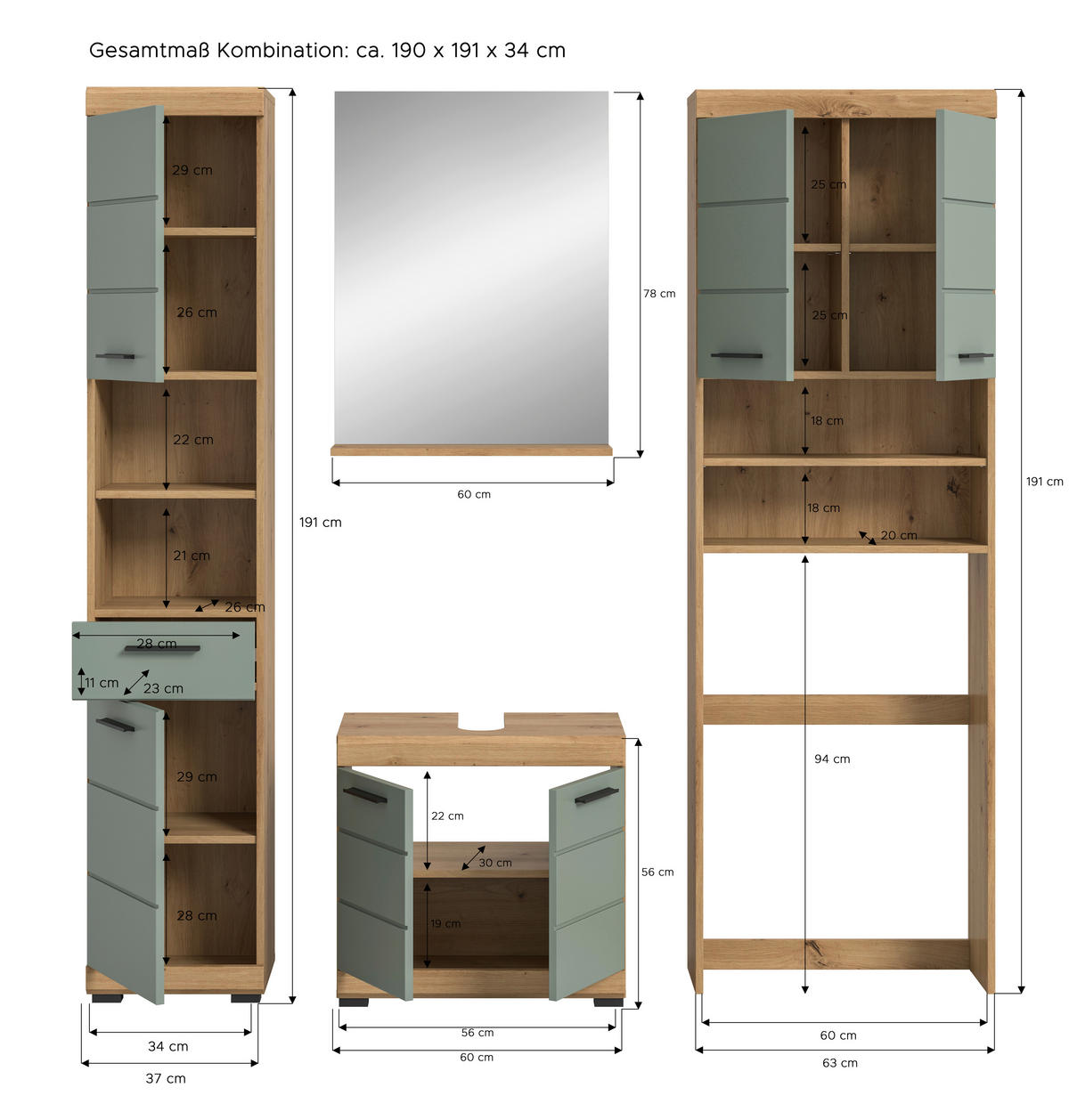 Badezimmer-Set Scout Eiche Artisan Nachbildung salbei Nachbildung B/H/T: ca. 190x191x34 cm Scout - Eiche/salbei (190,00/191,00/34,00cm) - xonox.home