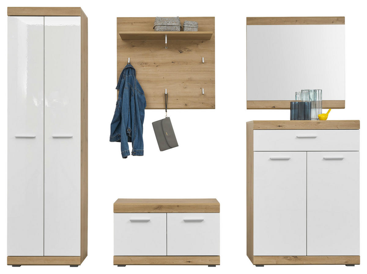 Garderobenschrank Nola Eiche Artisan Nachbildung weiß Hochglanz B/H/T: ca. 55x195x38 cm Nola - Eiche/weiß (55,00/195,00/38,00cm)