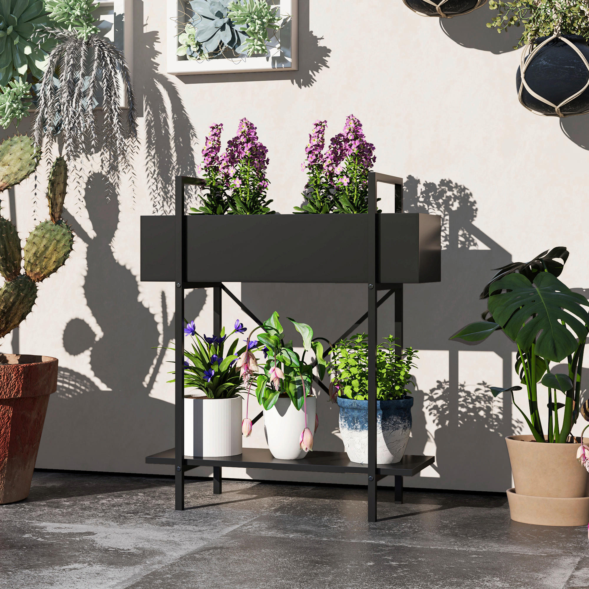 Outsunny Pflanzenständer schwarz Metall B/H/L: ca. 25x70x60 cm Pflanzenständer - schwarz (60,00/25,00/70,00cm) - Outsunny