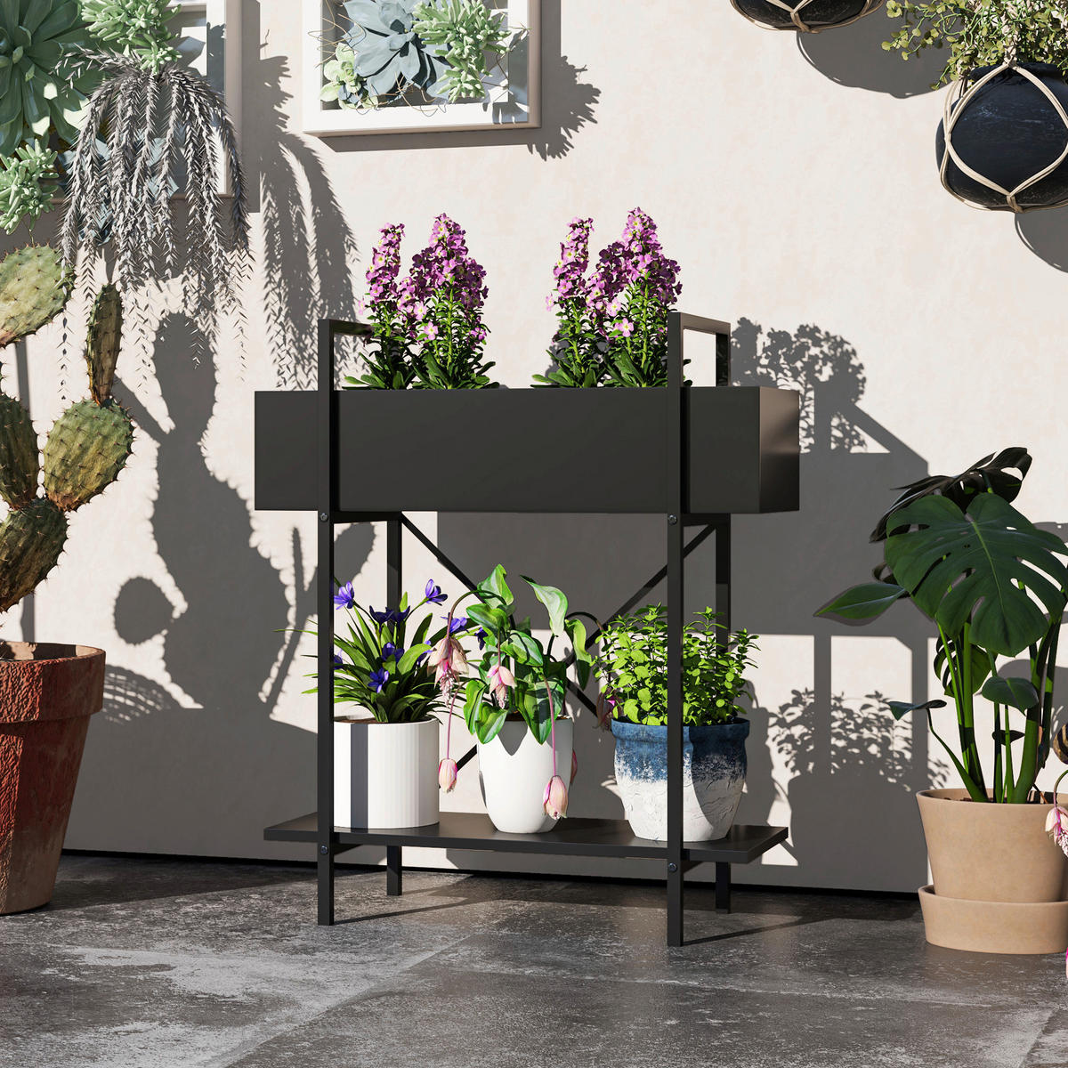 Outsunny Pflanzenständer schwarz Metall B/H/L: ca. 25x70x60 cm Pflanzenständer - schwarz (60,00/25,00/70,00cm) - Outsunny