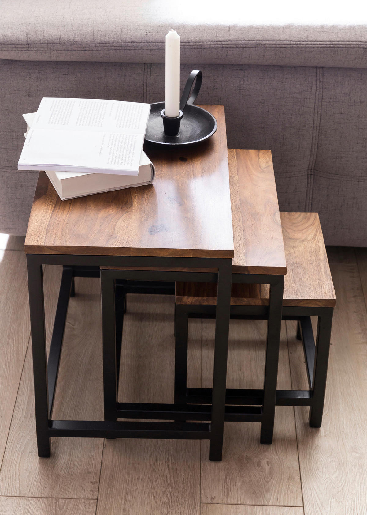 Beistelltisch 3er-Set natur schwarz pulverbeschichtet Echtholz Metall 3er-Set - natur/schwarz - Wohnling