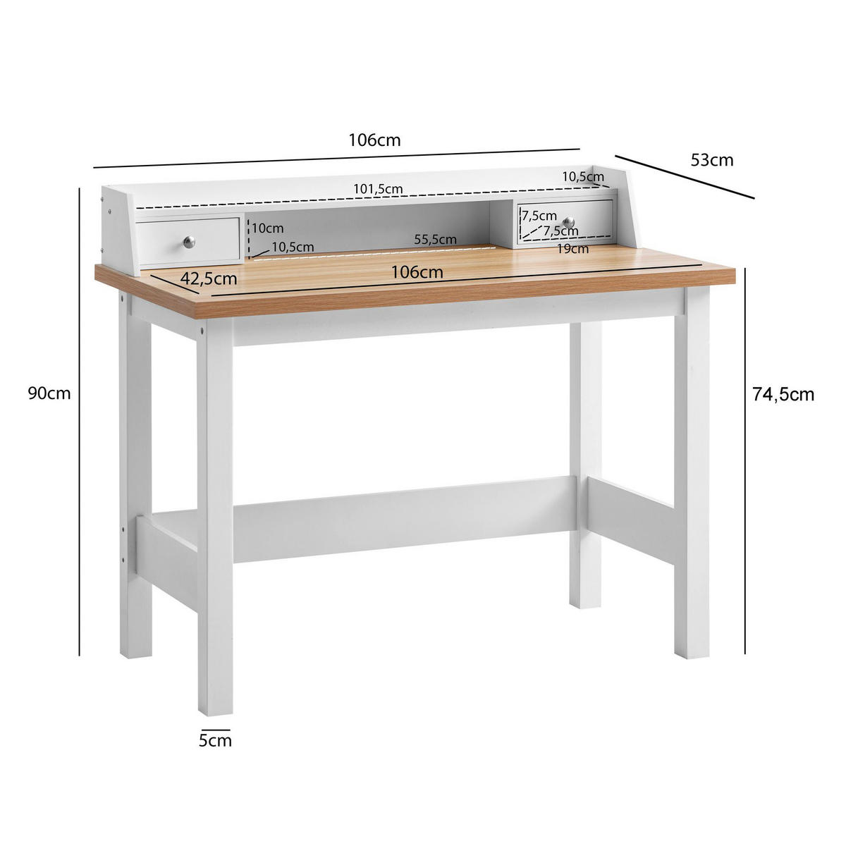 Schreibtisch weiß Eiche weiß Optik B/H/T: ca. 106x90x53 cm Schreibtisch - weiß (106,00/90,00/53,00cm) - Wohnling