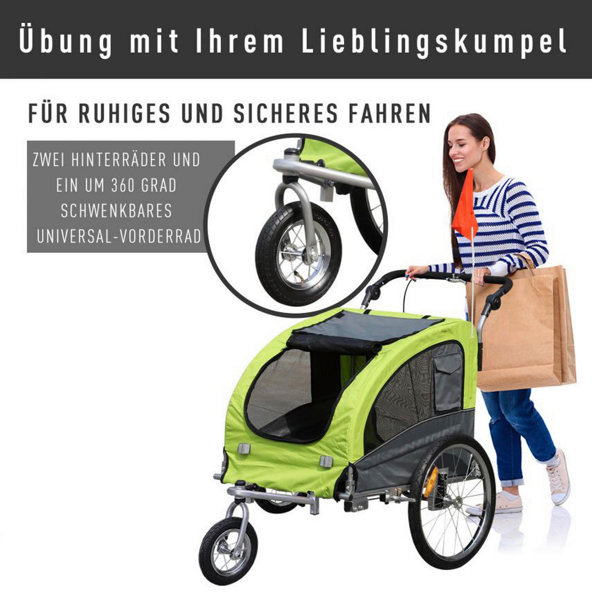 PawHut Fahrradanhänger f. Hunde D00-051 20 Zoll 1 Gänge grün grün B/H/L: ca. 90x110x130 cm Radanhänger f. Hunde D00-051 - grün/grau (130,00/90,00/110,00cm) - PawHut
