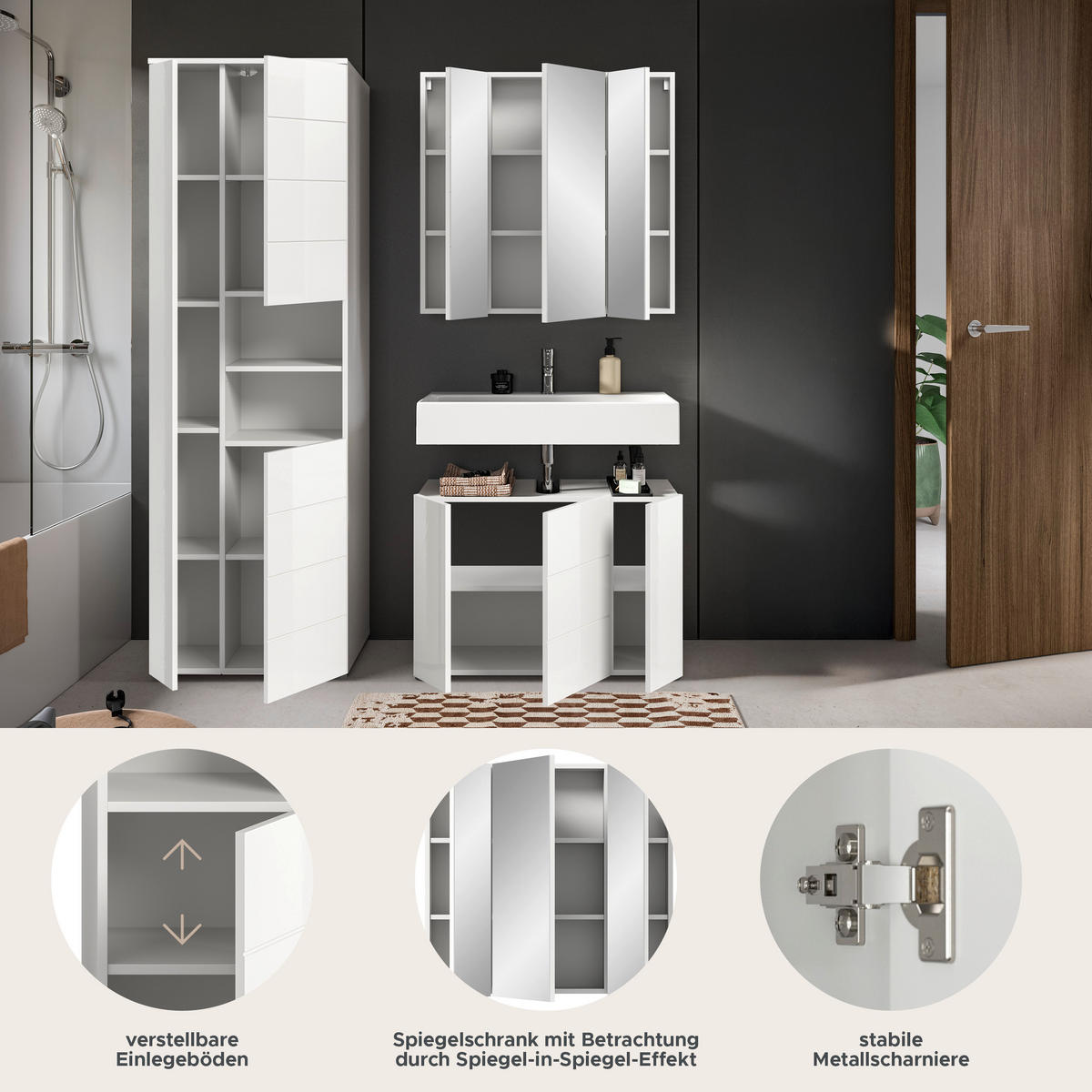 Badezimmer-Set VIRA weiß weiß Hochglanz B/H/T: ca. 157x190x34 cm VIRA - weiß (157,00/190,00/34,00cm) - xonox.home