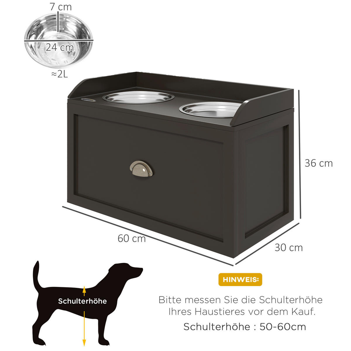 PawHut Hunde-Zubehör braun Edelstahl B/H/L: ca. 30x60x36 cm Hundenapf - braun (36,00/30,00/60,00cm) - PawHut