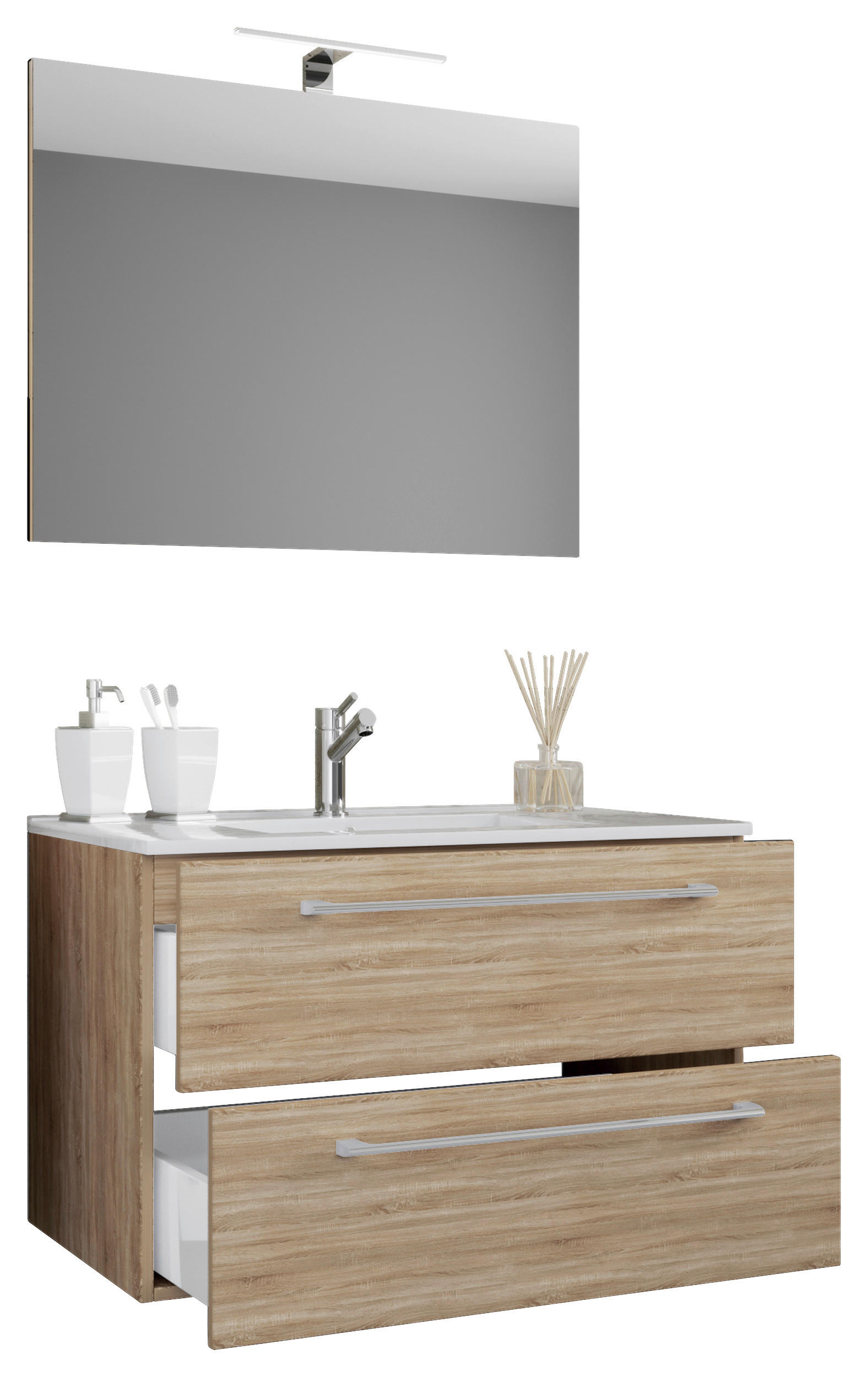 Waschplatz 3tlg-Badinos weiß Eiche Sonoma Nachbildung B/H/T: ca. 80x50x46 cm 3tlg-Badinos - Eiche/weiß (80,00/50,00/46,00cm) - VCM Möbel