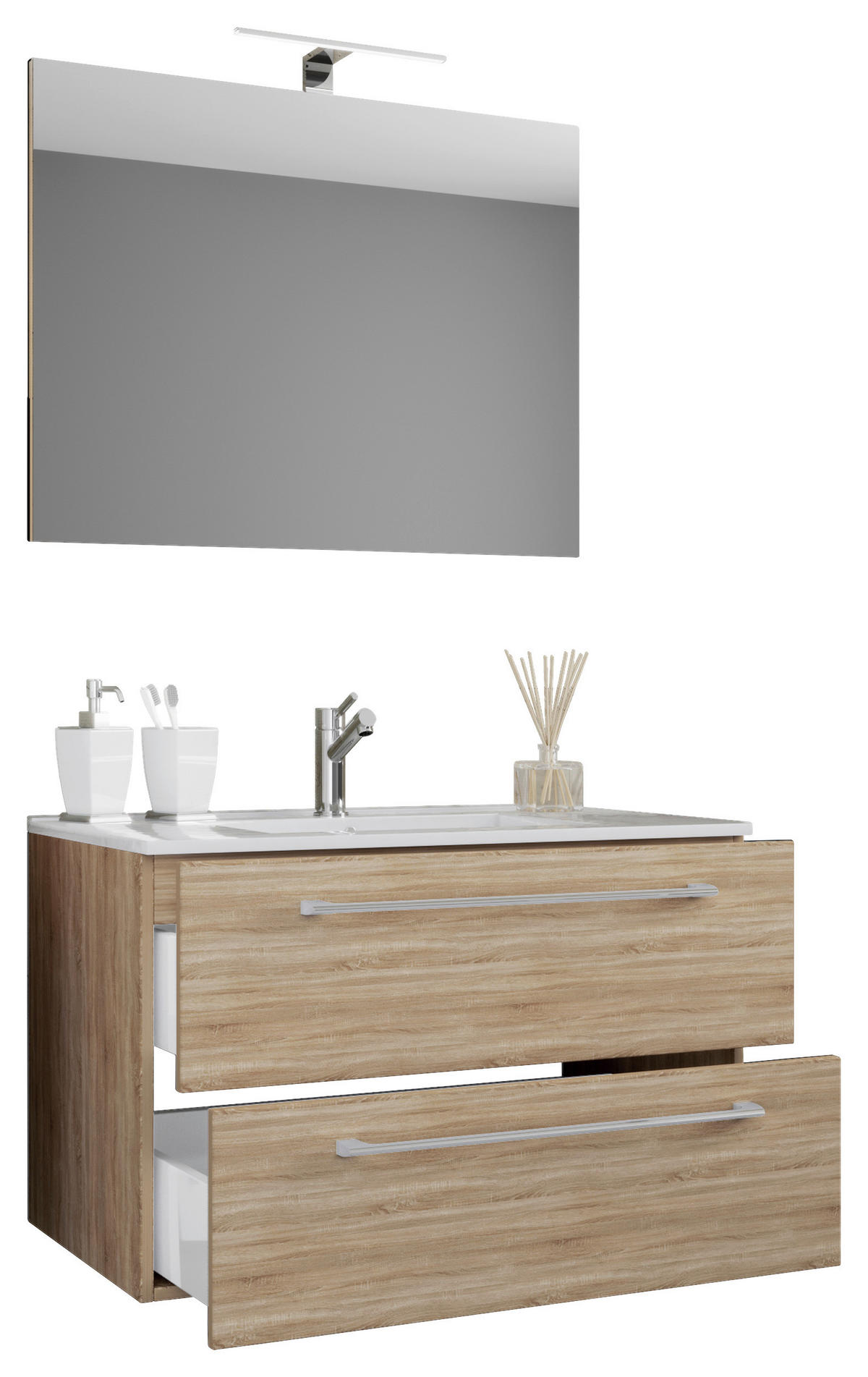 Waschplatz 3tlg-Badinos weiß Eiche Sonoma Nachbildung B/H/T: ca. 80x50x46 cm 3tlg-Badinos - Eiche/weiß (80,00/50,00/46,00cm) - VCM Möbel