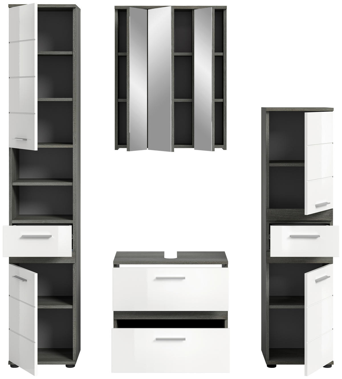 Badezimmer-Set BLAKE Rauchsilber Nachbildung weiß Hochglanz B/H/T: ca. 160x191x34 cm BLAKE - weiß (160,00/191,00/34,00cm) - xonox.home