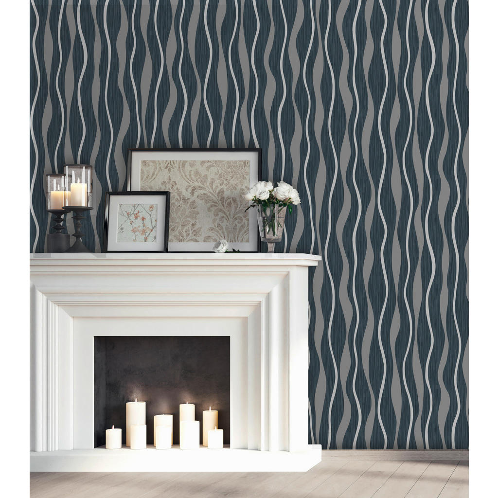 Thumbnail - UGEPA Vinyltapete Wellen schwarz silber B/L: ca. 53x1005 cm glitzernd