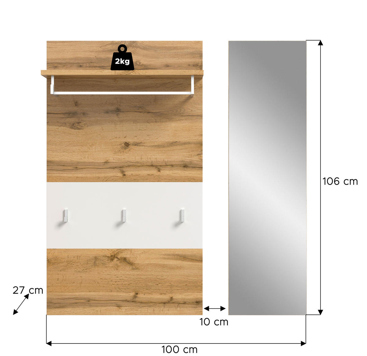 Garderobenpaneel JAM Eiche Wotan Nachbildung weiß B/H/T: ca. 90x106x27 cm JAM - Eiche/weiß (90,00/106,00/27,00cm) - xonox.home