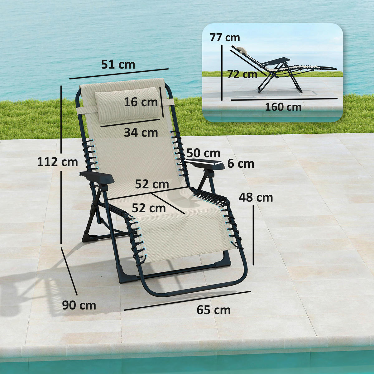Outsunny Sonnenliege beige Netzstoff B/H/L: ca. 65x112x90 cm Sonnenliege - beige (90,00/65,00/112,00cm) - Outsunny