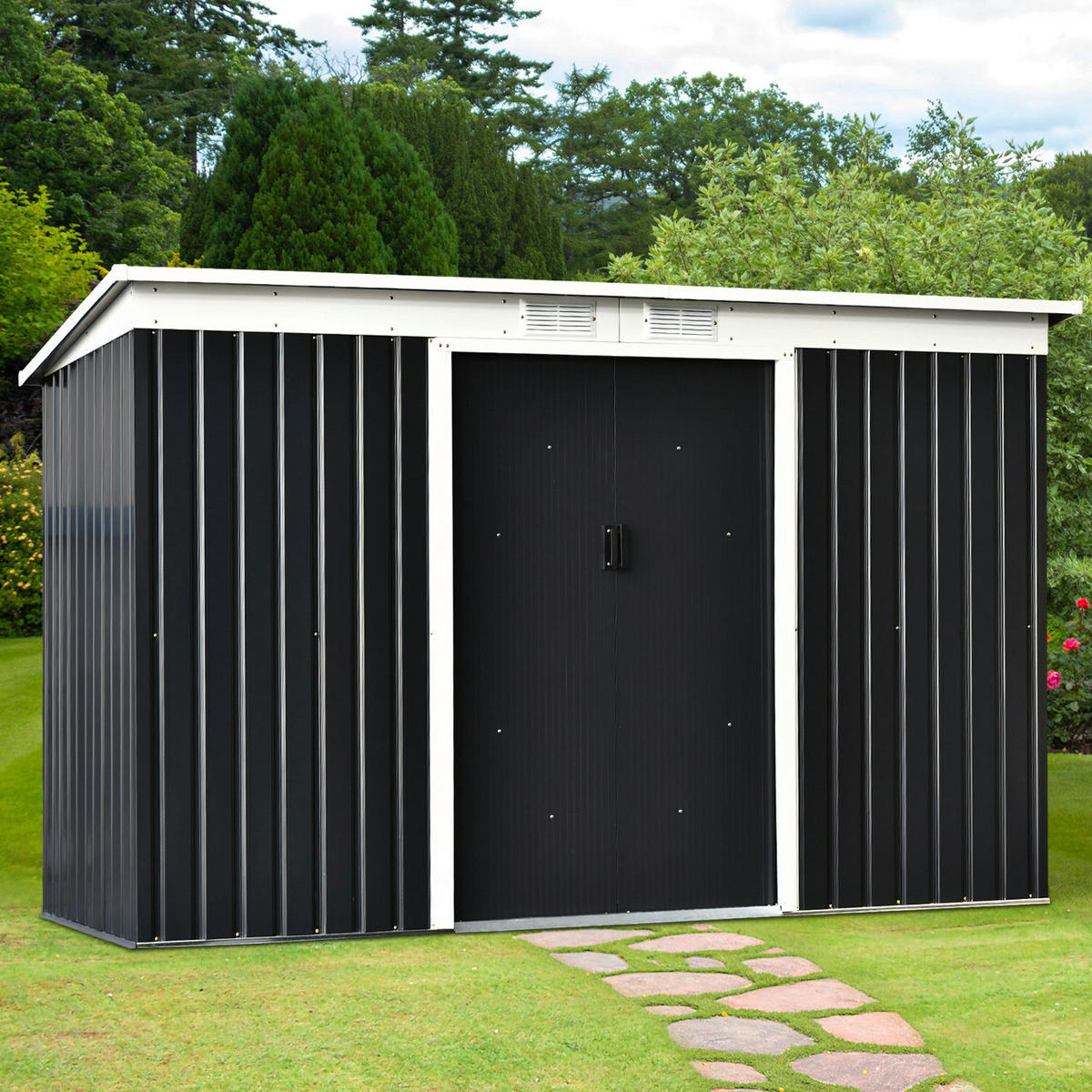 Outsunny Gartenschrank dunkelgrau Stahl B/H/L: ca. 130x173x277 cm Gartenschrank_mit_Schiebetür - dunkelgrau (277,00/130,00/173,00cm) - Outsunny