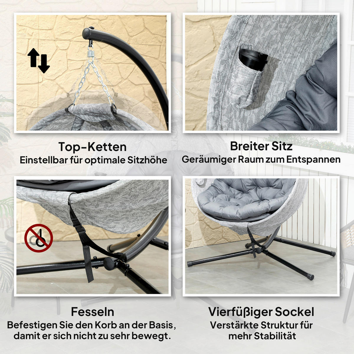 Outsunny Hängesessel grau Stahl B/H/L: ca. 116x180x118 cm Hängesessel - grau (118,00/116,00/180,00cm) - Outsunny