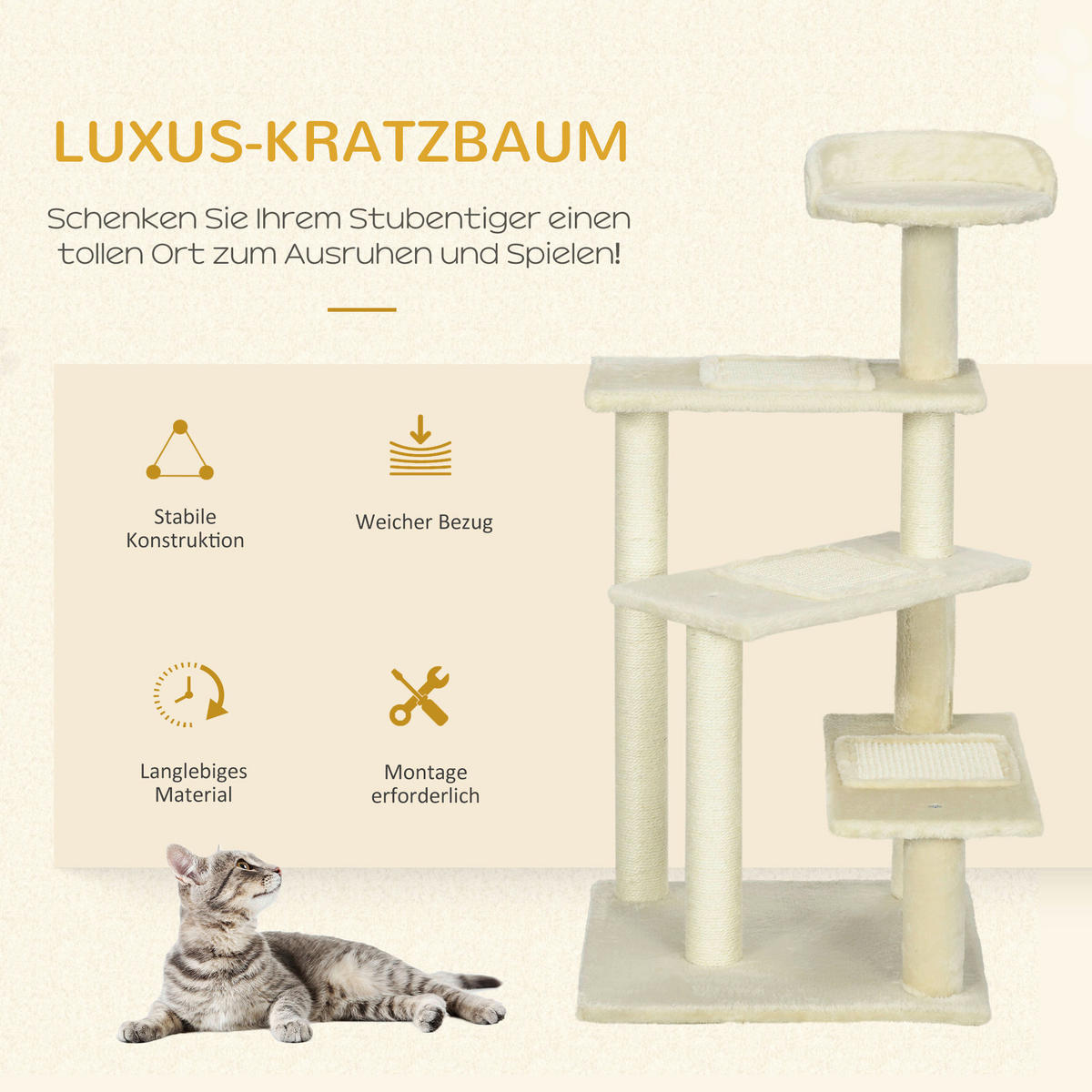 PawHut Katzenkratzbaum beige Spanplatte B/H/L: ca. 50x100x50 cm Katzenkratzbaum - beige (50,00/50,00/100,00cm) - PawHut