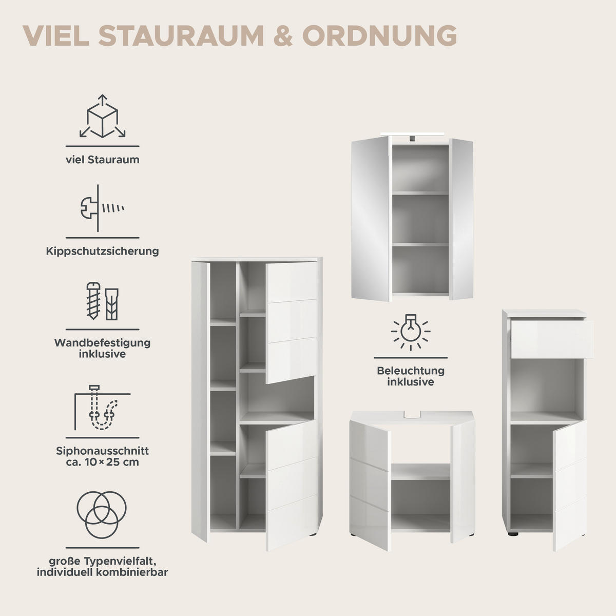 Badezimmer-Set VIRA weiß weiß Hochglanz B/H/T: ca. 188x190x34 cm VIRA - weiß (188,00/190,00/34,00cm) - xonox.home