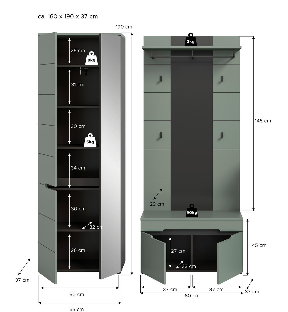 Garderobe Canu grün basaltgrau Nachbildung B/H/T: ca. 160x190x37 cm Canu - basaltgrau/grün (160,00/190,00/37,00cm) - xonox.home