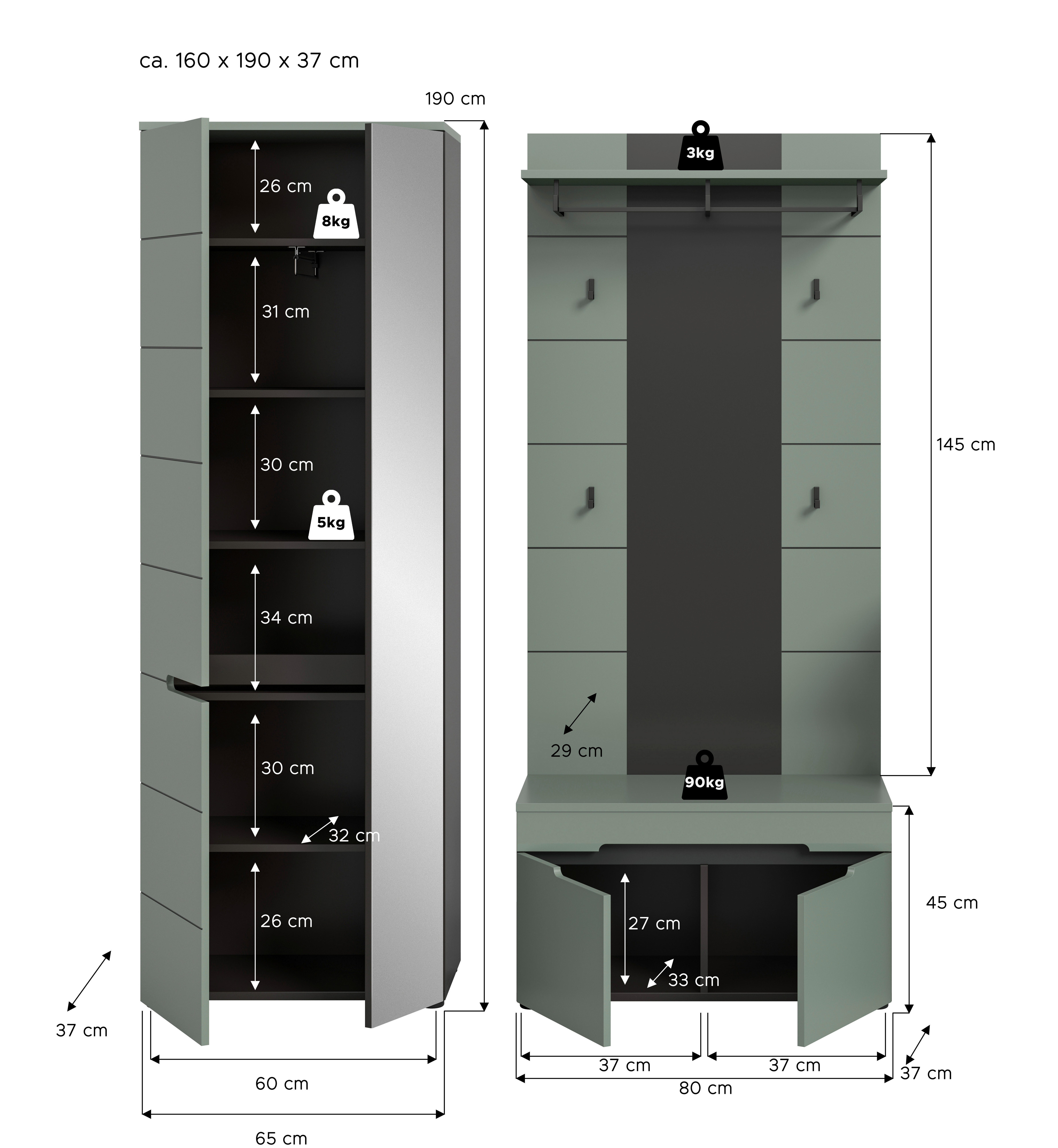 Thumbnail - Garderobe Canu grün basaltgrau Nachbildung B/H/T: ca. 160x190x37 cm