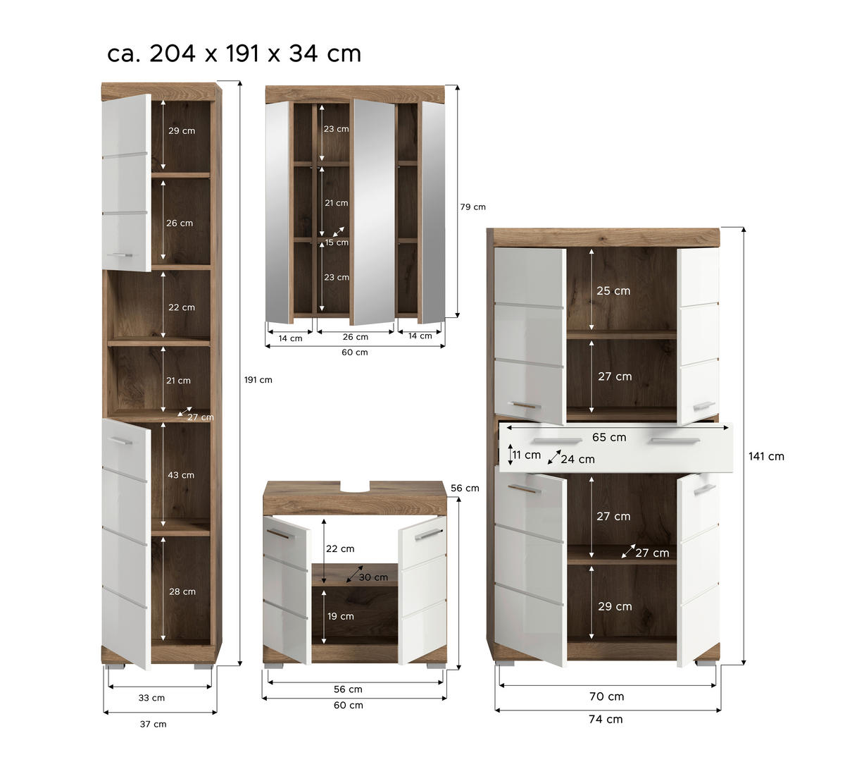 Badezimmer-Set Wave weiß Hochglanz Nox Oak Nachbildung B/H/T: ca. 204x191x34 cm Wave - weiß (204,00/191,00/34,00cm) - xonox.home
