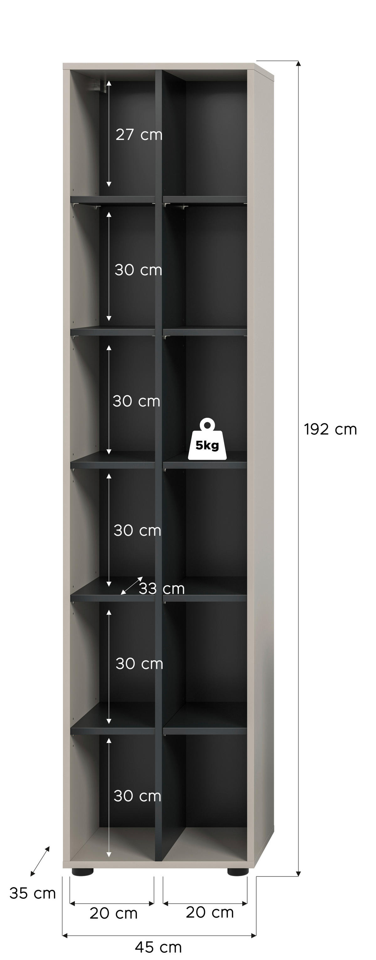 Regal Noida Kaschmirgrau Nachbildung schwarz B/H/T: ca. 192x45x35 cm Noida - schwarz (192,00/45,00/35,00cm) - xonox.home