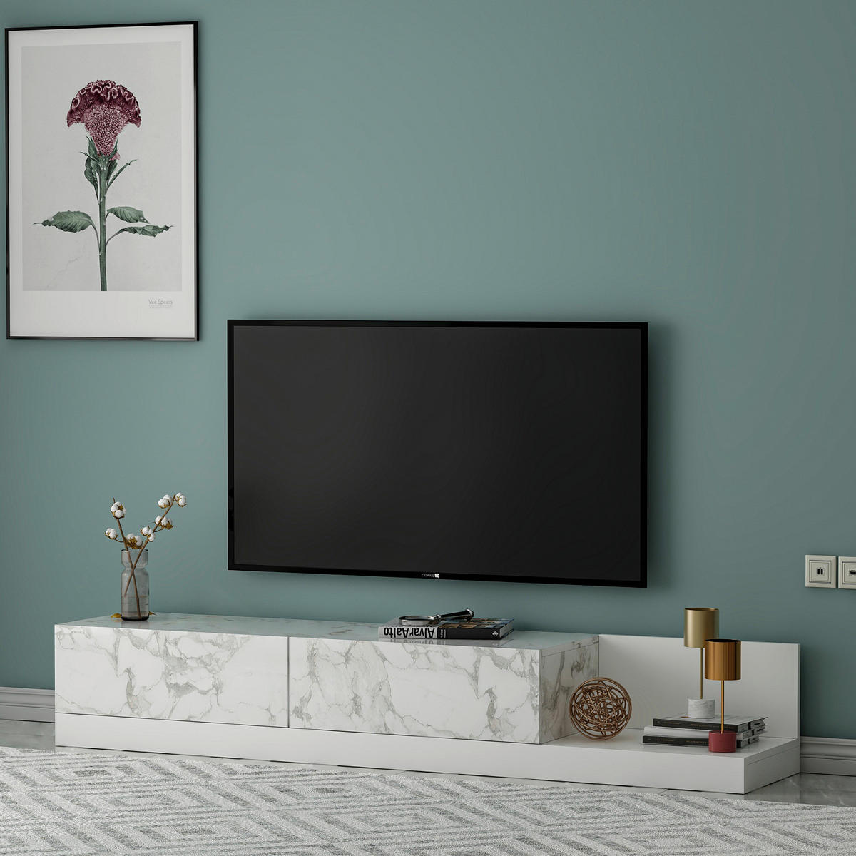 TV-Lowboard Majör weiß Marmoroptik B/H/T: ca. 180x30x37 cm Majör - weiß/Marmoroptik (180,00/30,00/37,00cm) - moebel17