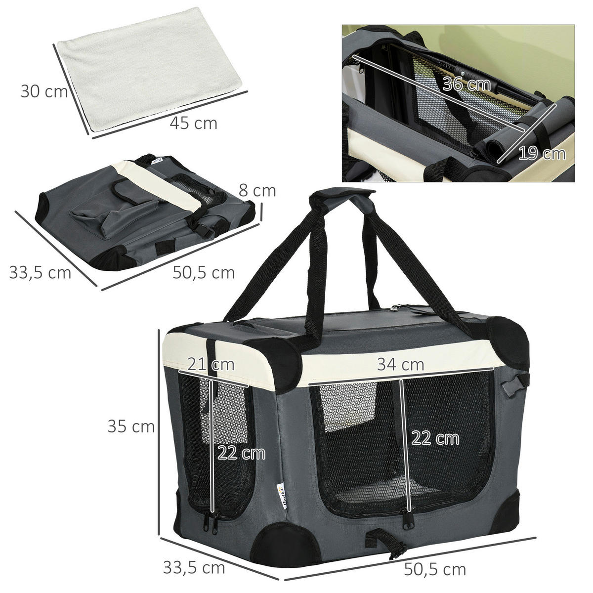 PawHut Tragetasche für Haustiere grau Stahl B/H/L: ca. 33,5x35x50,5 cm Tragetasche für Haustiere - schwarz/grau (50,50/33,50/35,00cm) - PawHut