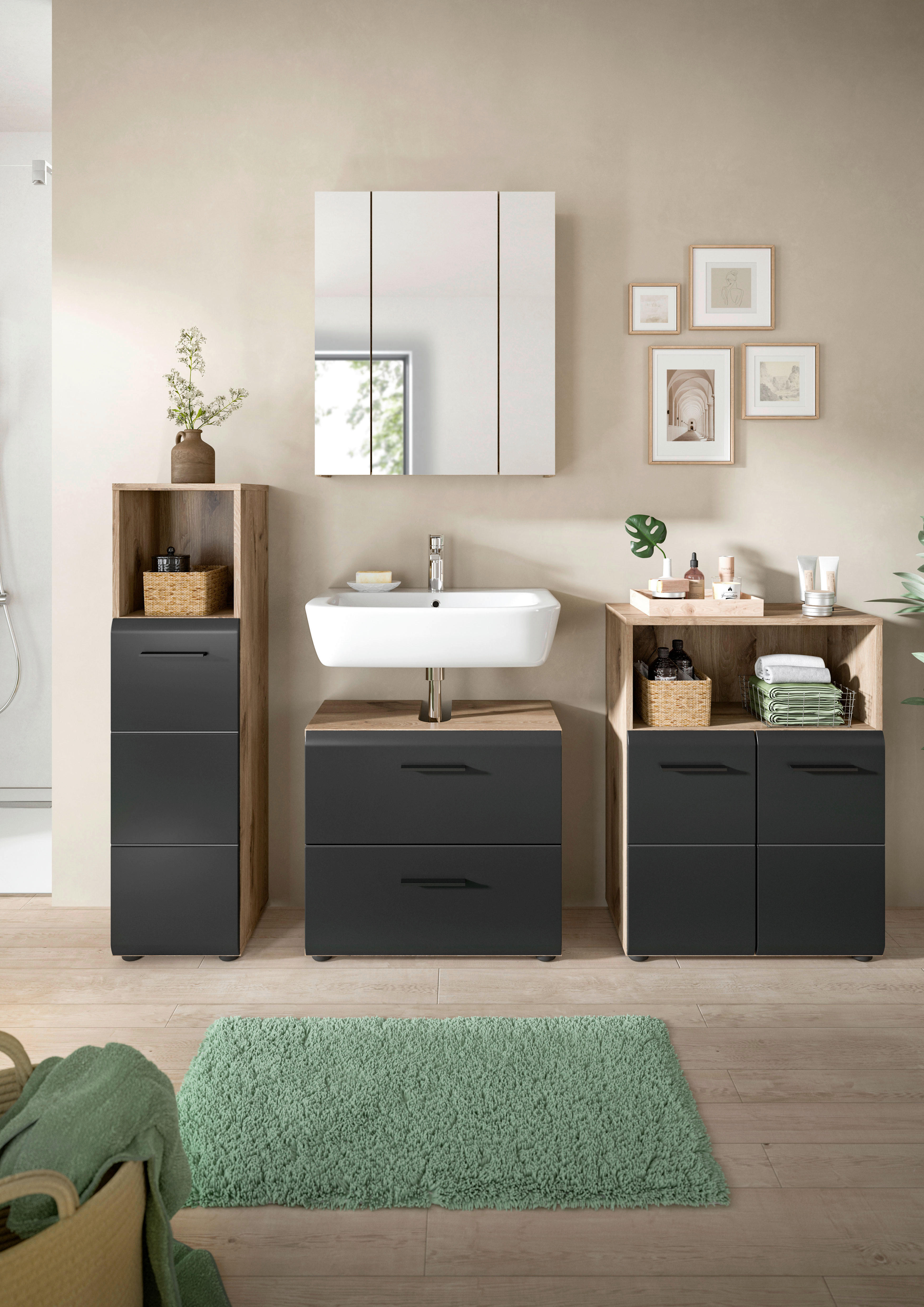 Badezimmer-Set Ice Nox Oak Nachbildung schwarz matt B/H/T: ca. 180x185x30 cm Ice - schwarz (180,00/185,00/30,00cm) - xonox.home