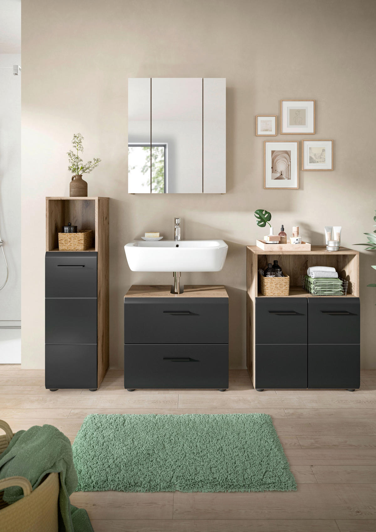 Badezimmer-Set Ice Nox Oak Nachbildung schwarz matt B/H/T: ca. 180x185x30 cm Ice - schwarz (180,00/185,00/30,00cm) - xonox.home