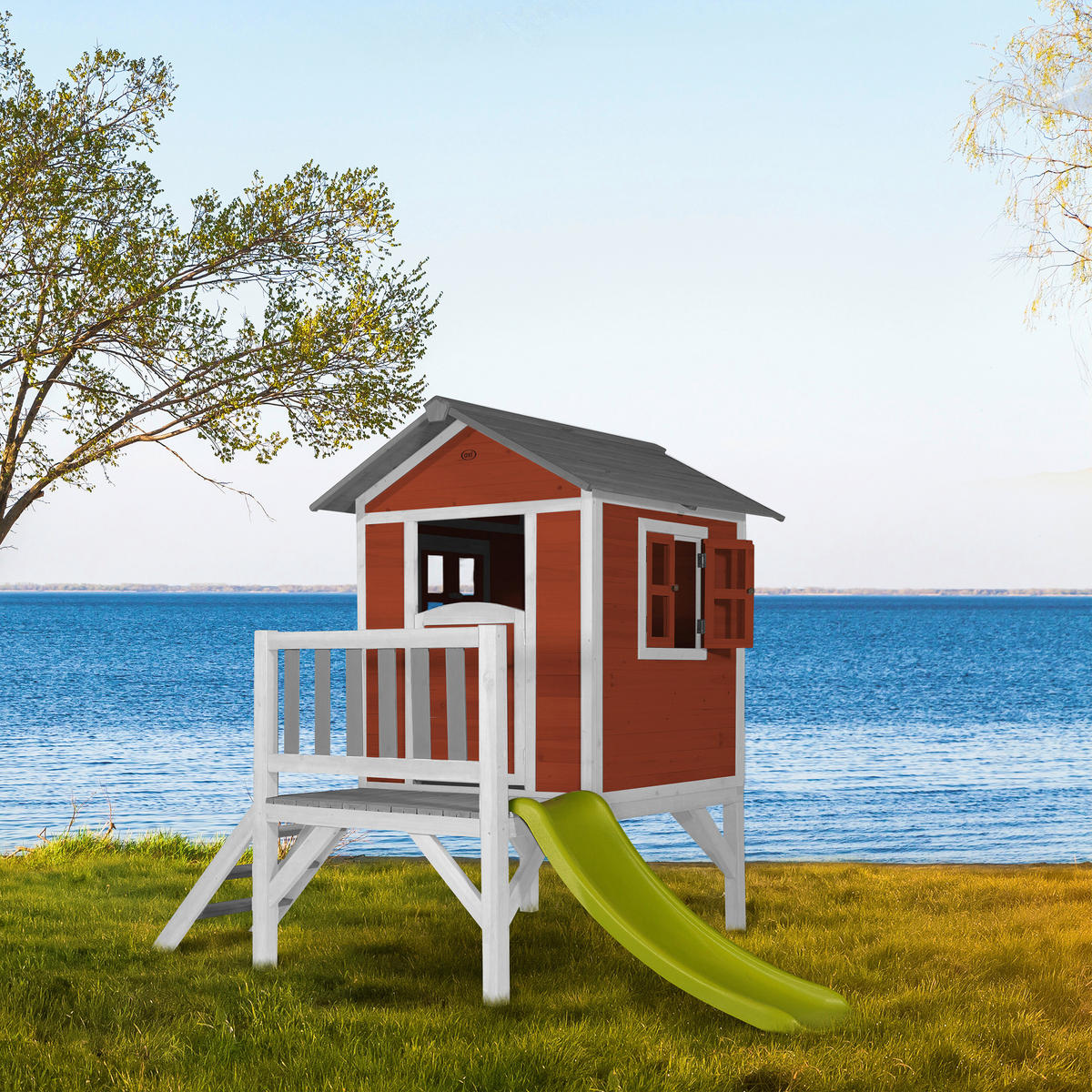 AXI Spielhaus Lodge XL rot B/H/L: ca. 240x189x167 cm Lodge XL - weiß/rot (167,00/240,00/189,00cm) - AXI
