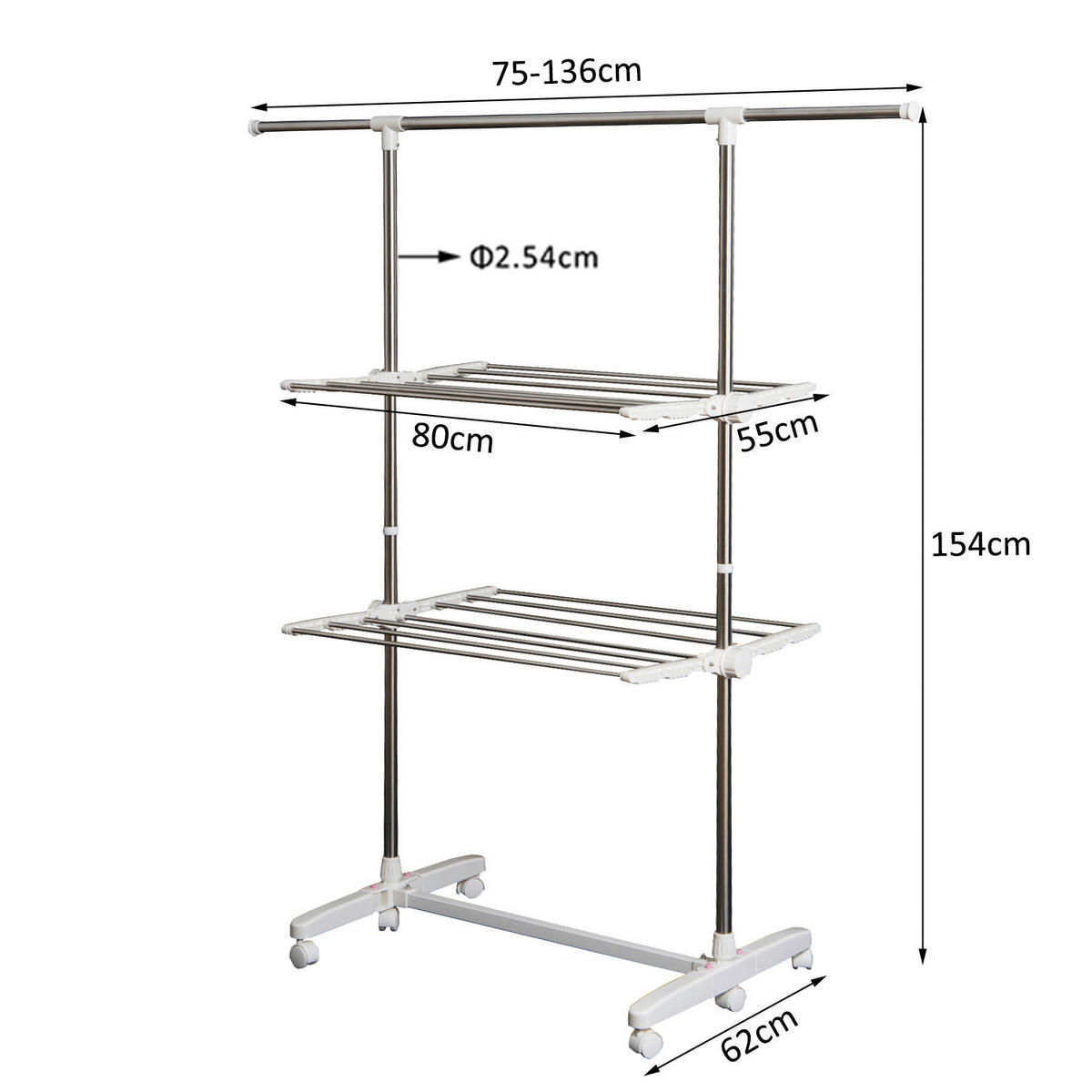 HOMCOM Turmwäscheständer silber Edelstahl H/T/L: ca. 154x62x136 cm Turmwäscheständer mit 2 Ebenen - silber (136,00cm) - HOMCOM