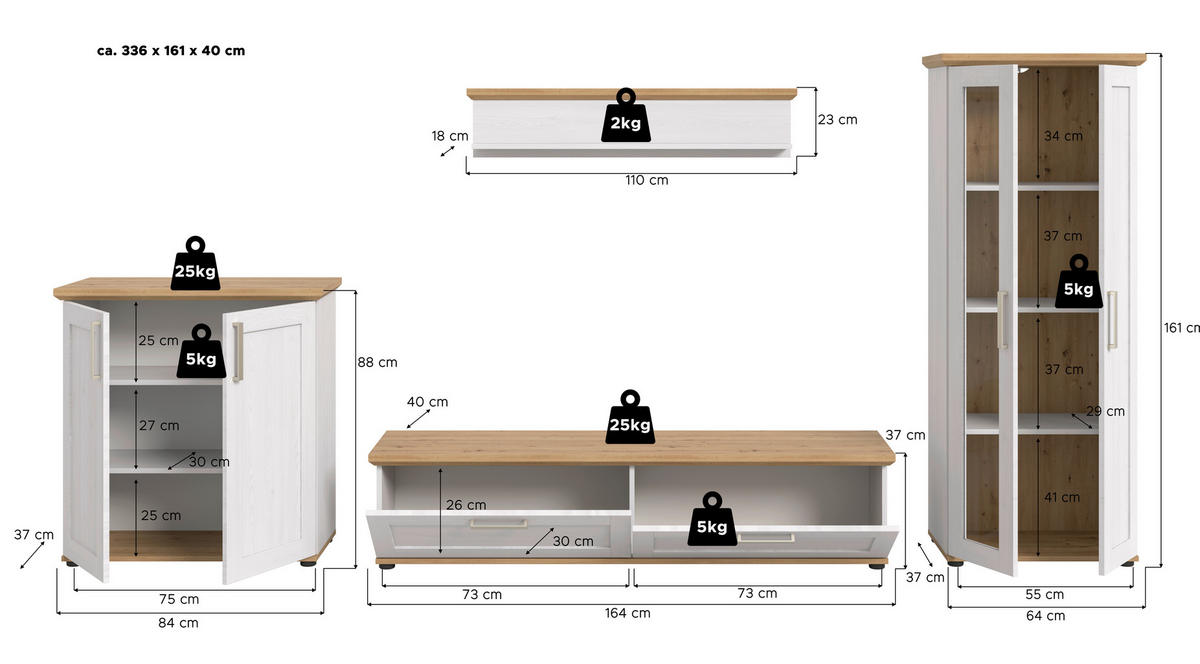 Wohnwand VERONA Lärche Nachbildung Eiche Nachbildung B/H/T: ca. 336x161x40 cm VERONA - Eiche/Lärche (336,00/161,00/40,00cm) - xonox.home