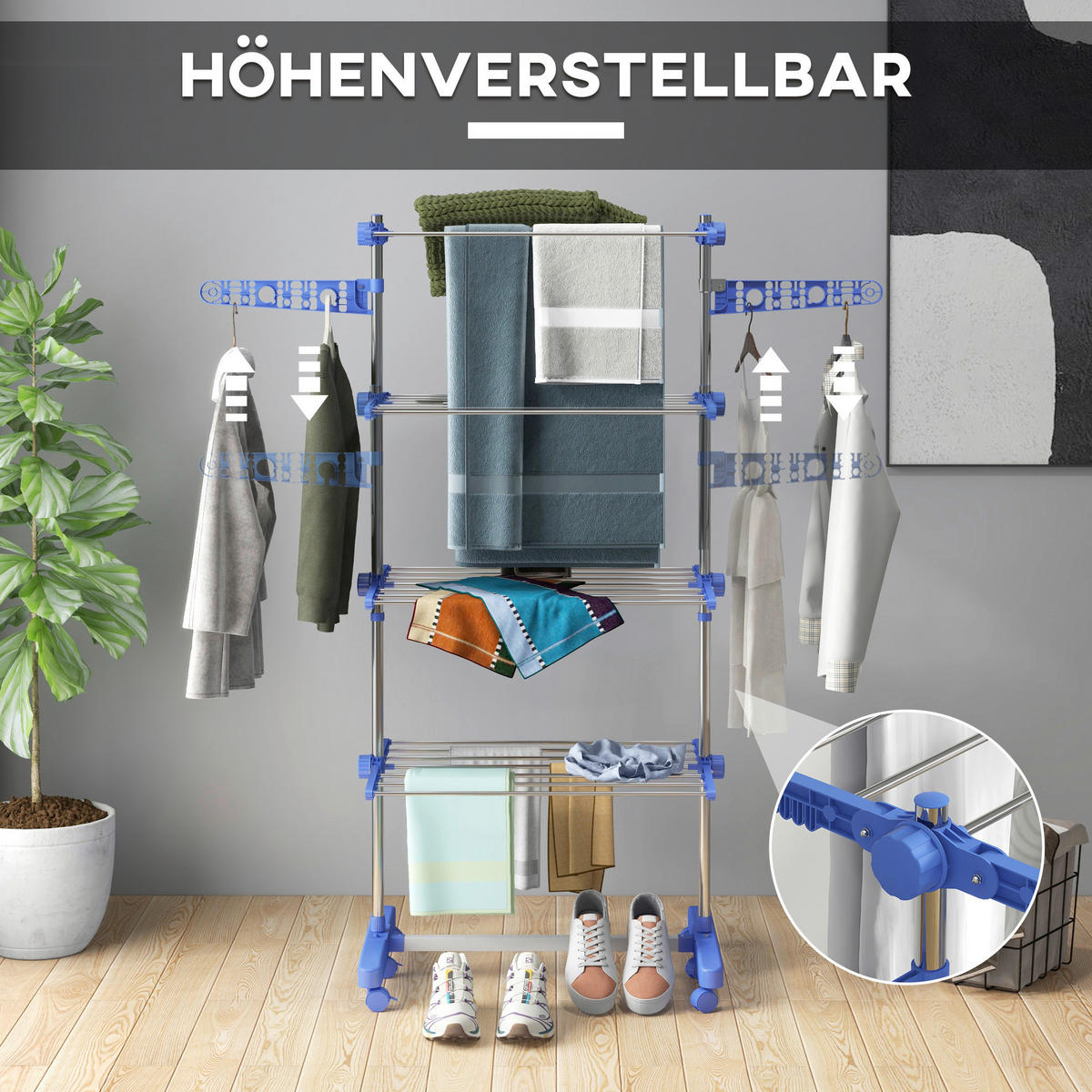 HOMCOM Wäscheständer blau Polypropylen B/H/L: ca. 55x142x172 cm Trockenständer - blau (172,00/55,00/142,00cm) - HOMCOM