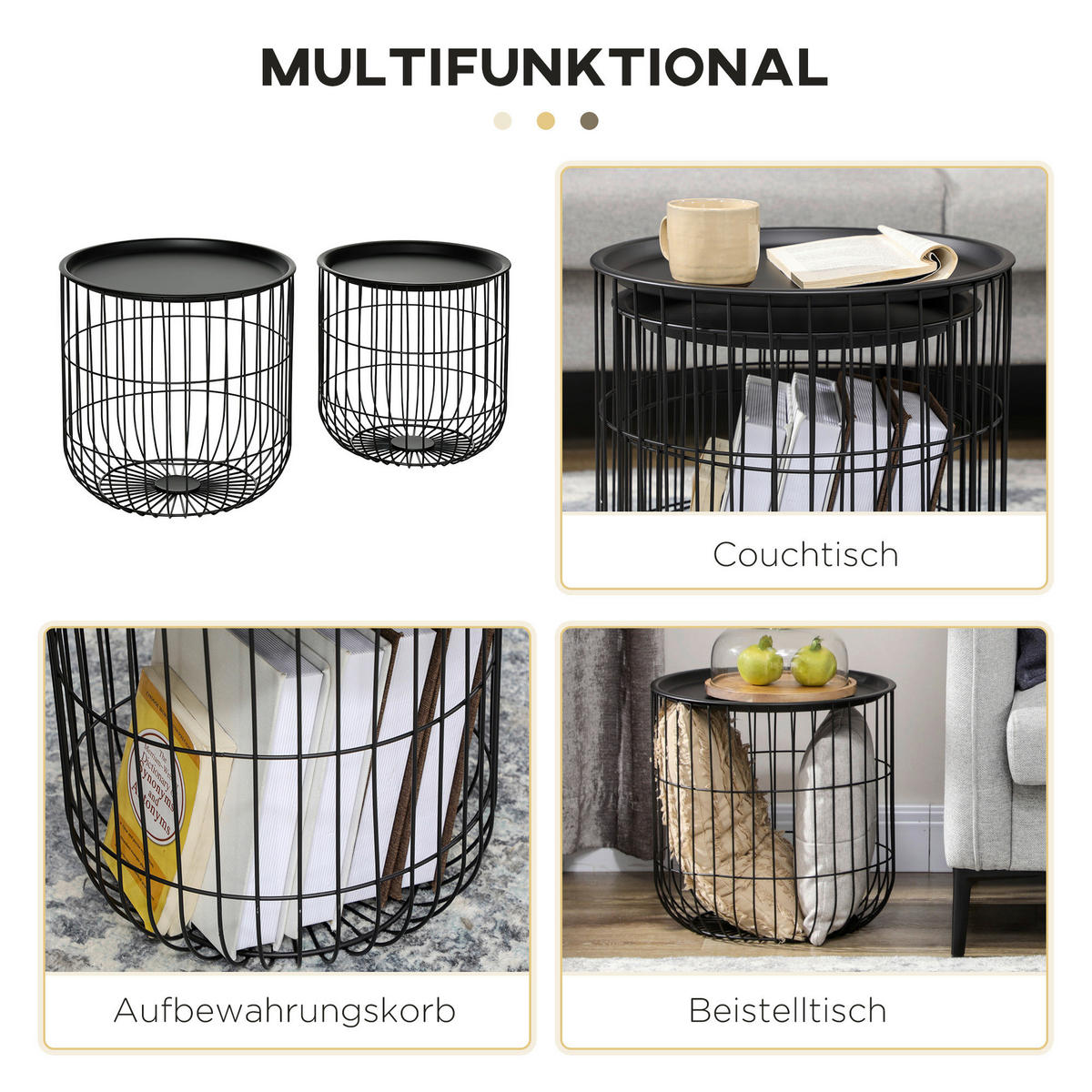 HOMCOM Beistelltisch schwarz Polypropylen B/H/L: ca. 40x40x40 cm Beistelltisch_Set - schwarz (40,00/40,00/40,00cm) - HOMCOM