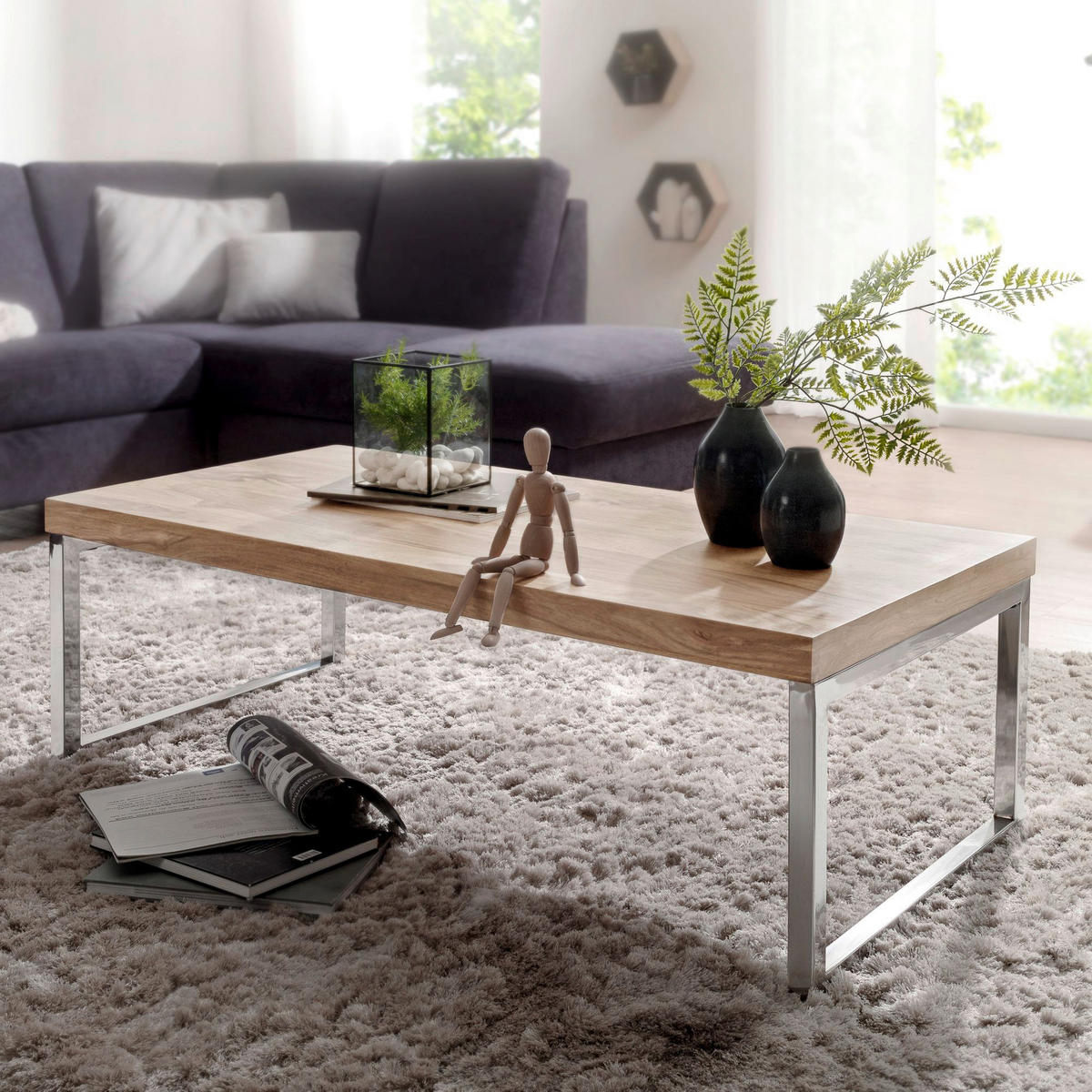 Couchtisch natur Chrom B/H/T: ca. 120x40x60 cm Couchtisch - natur/Chrom (120,00/40,00/60,00cm) - Wohnling