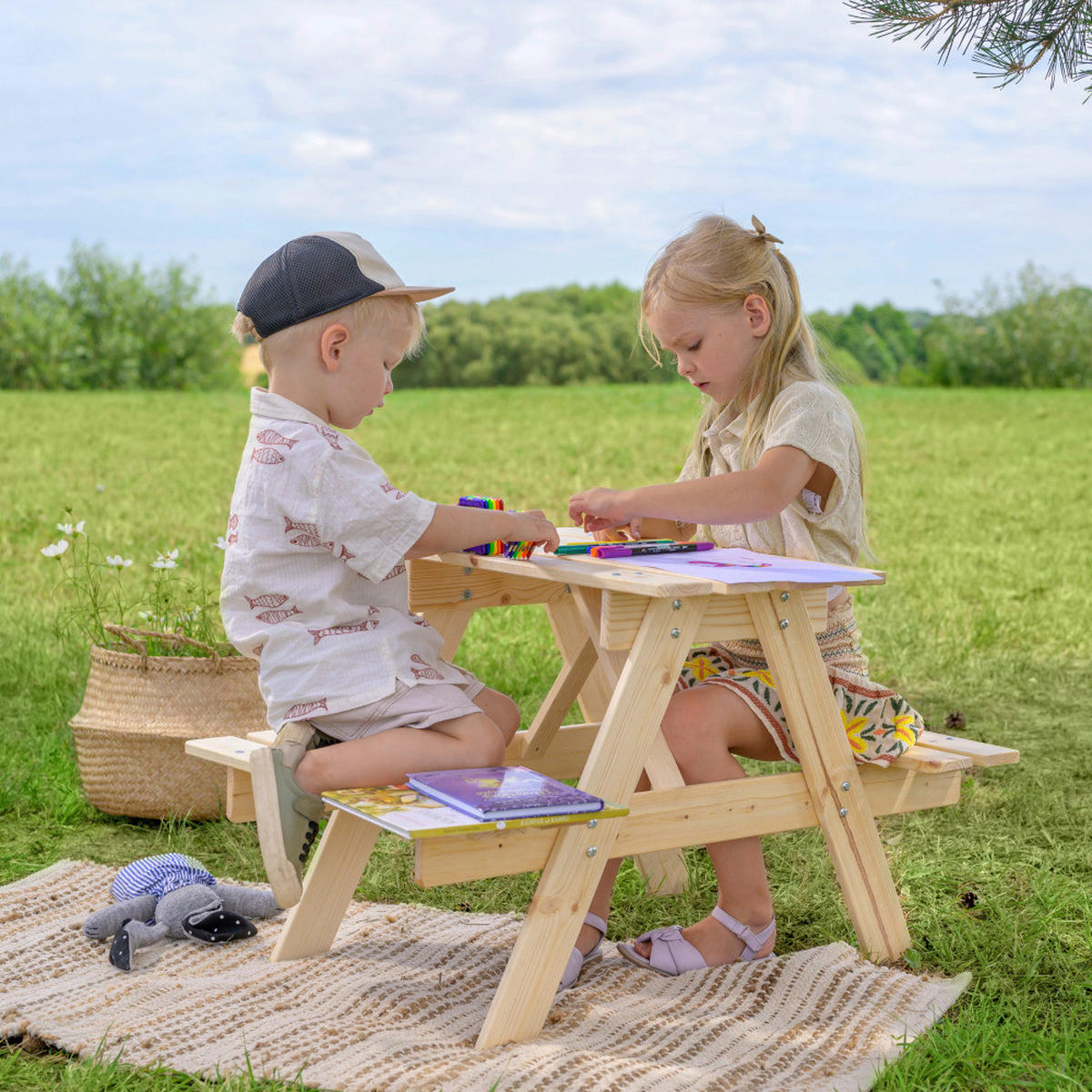 Timbela Kindersitzgarnitur M012 natur Holz B/H/L: ca. 60x50x81 cm M012 - natur (81,00/60,00/50,00cm) - Timbela