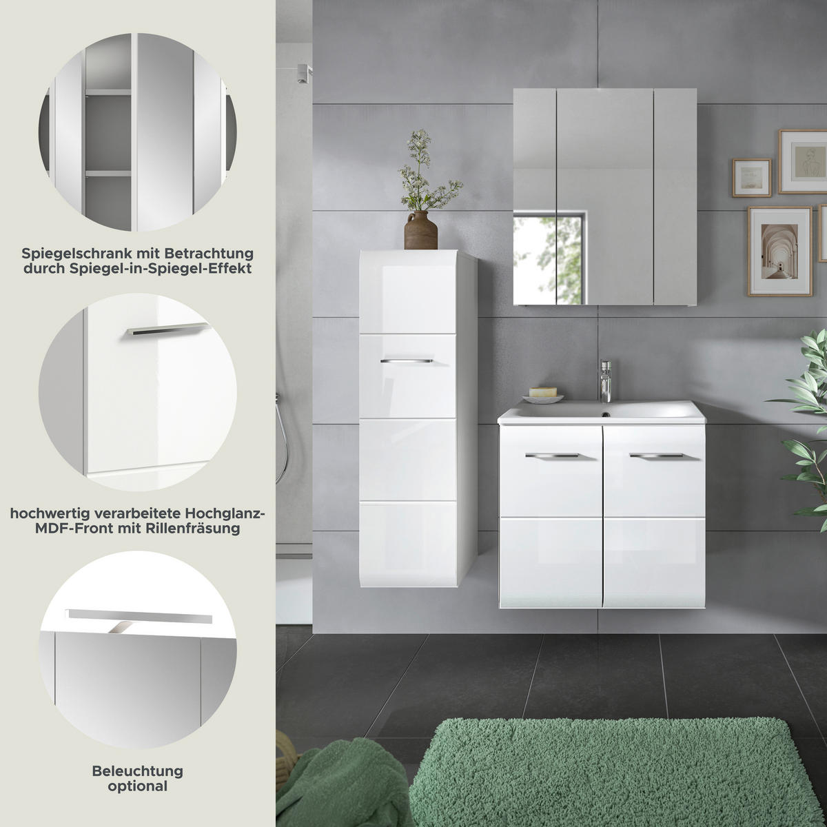Badezimmer-Set Ice weiß weiß Hochglanz B/H/T: ca. 105x185x46 cm Ice - weiß (105,00/185,00/46,00cm) - xonox.home