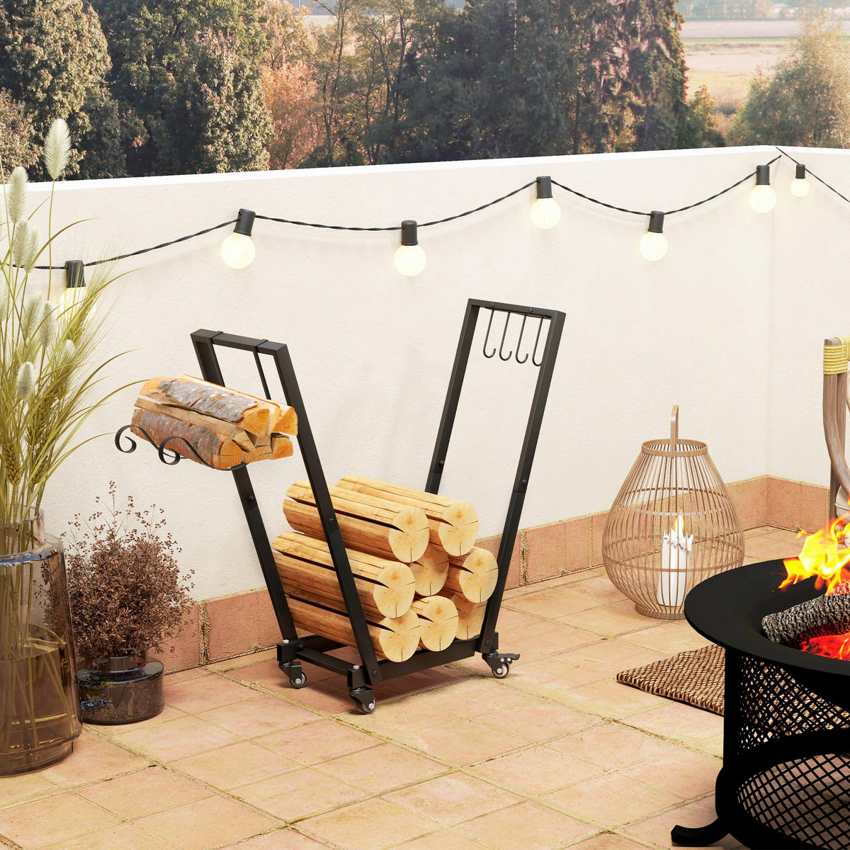 Outsunny Kaminholzständer schwarz B/H/L: ca. 30x81x79 cm Kaminholzständer - schwarz (79,00/30,00/81,00cm) - Outsunny