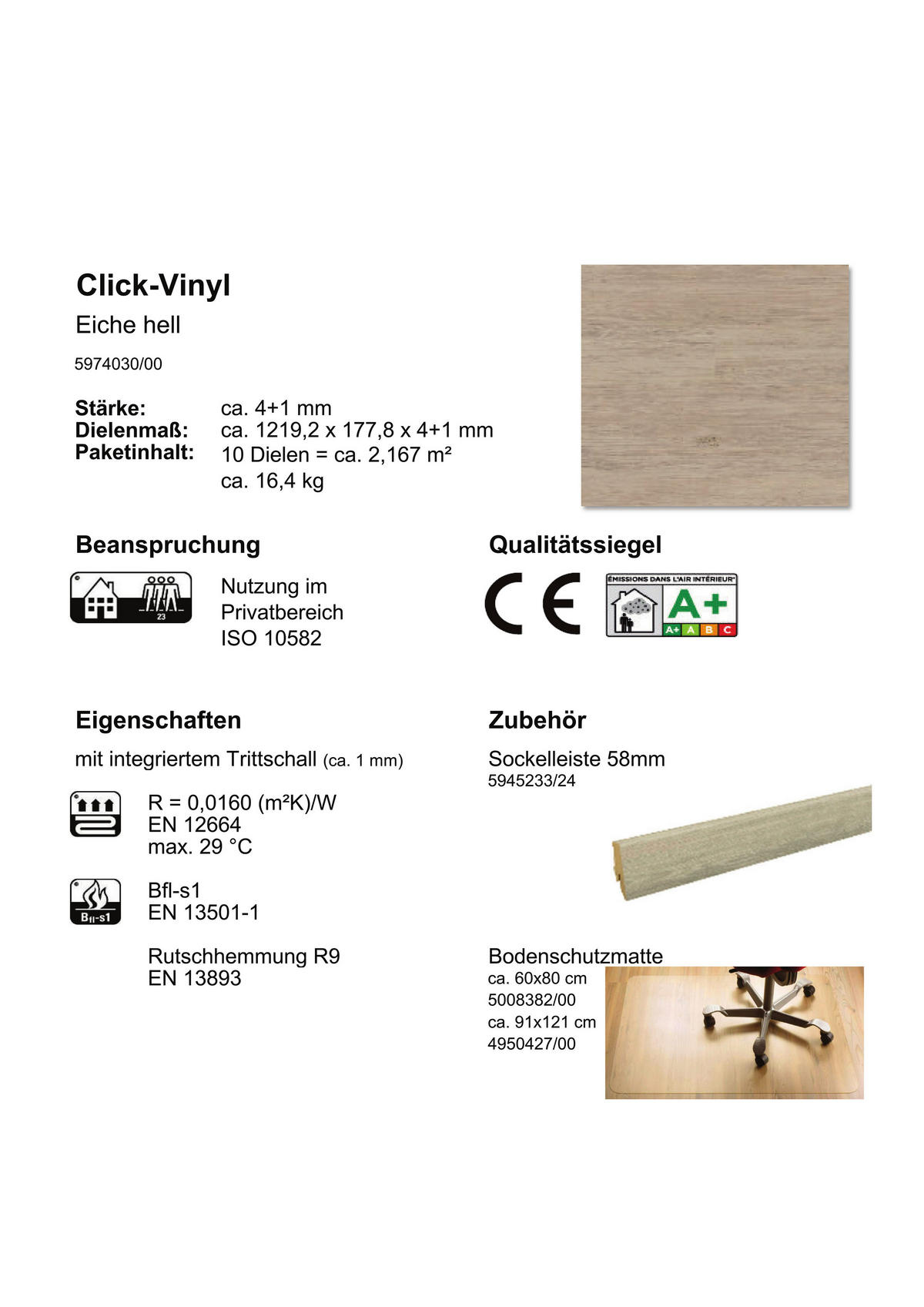 Click-Vinylboden Diele hell ca. 2,17 m² im Paket  B/L: ca. 17,78x121,92 cm pro Paket Diele hell ca. 2,17 m² im Paket - (17,78/121,92cm)