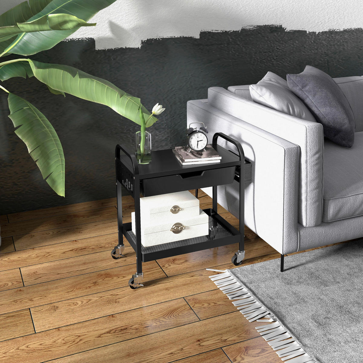 HOMCOM Rollwagen schwarz Edelstahl B/H/L: ca. 32,6x61x58,5 cm Rollwagen - schwarz (58,50/32,60/61,00cm) - HOMCOM