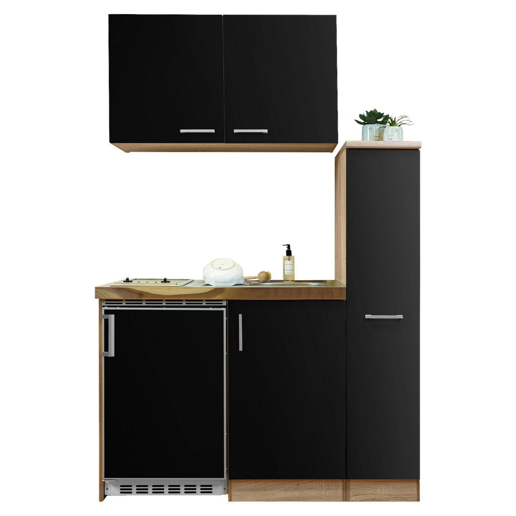 respekta Miniküche 130 - Eiche Sonoma Sägerau Nb./schwarz, Glaskeramikkochfeld, Mit extra Hänge- und Apothekerschrank 100 cm