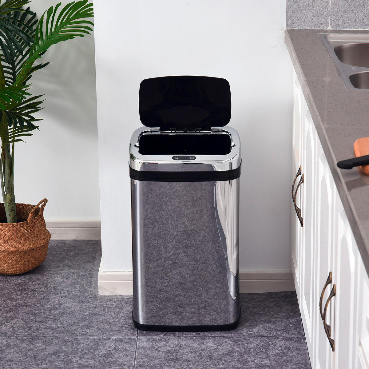 HOMCOM Mülleimer silber B/H/L: ca. 25x58x33 cm Automatik_Mülleimer silber - schwarz/silber (33,00/25,00/58,00cm) - HOMCOM