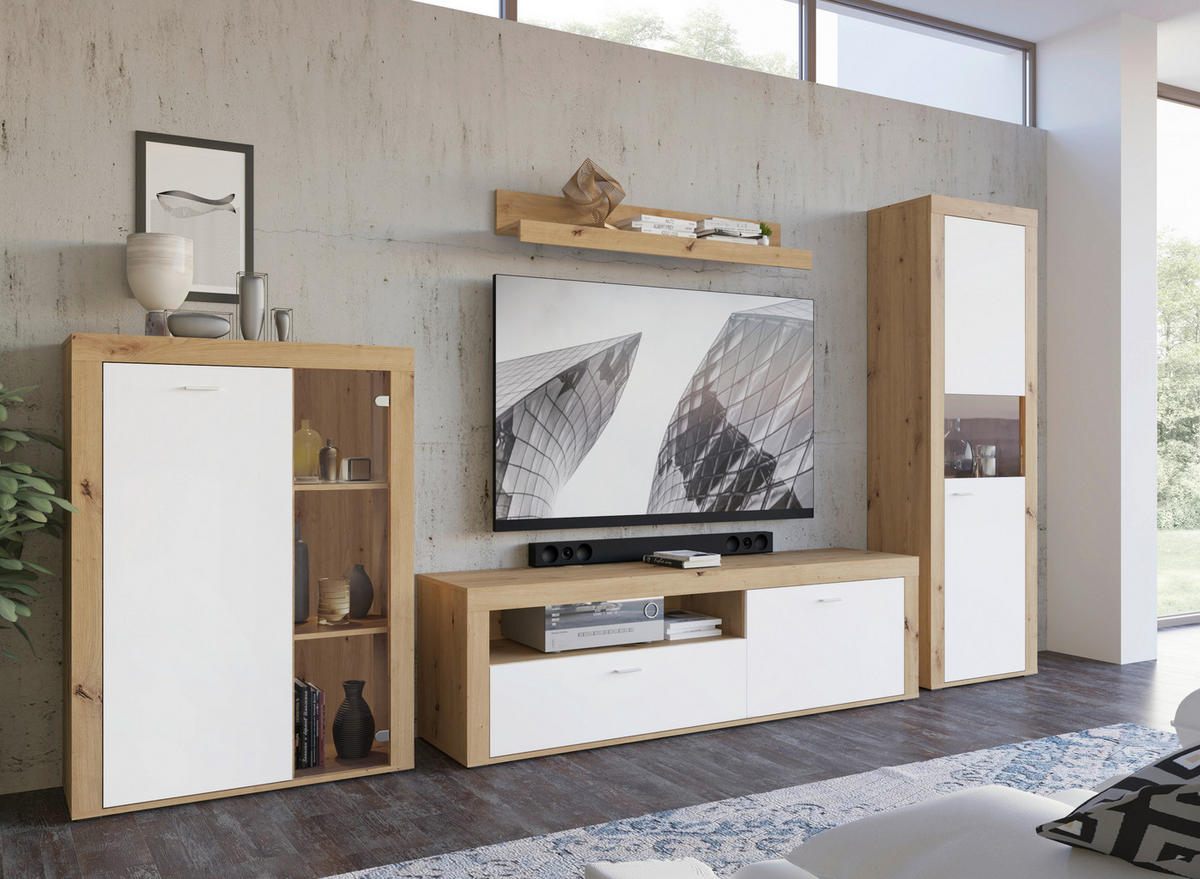 Vitrine Mallorca Plus Eiche Artisan Nachbildung weiß B/H/T: ca. 60x190x35 cm Mallorca Plus - Eiche/weiß (60,00/190,00/35,00cm)