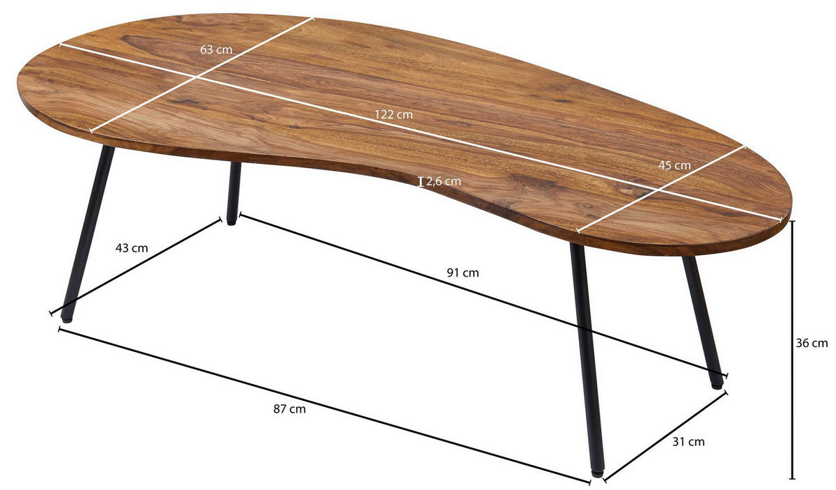 Couchtisch natur schwarz pulverbeschichtet B/H/T: ca. 122x36x63 cm Couchtisch - natur/schwarz (122,00/36,00/63,00cm) - Wohnling