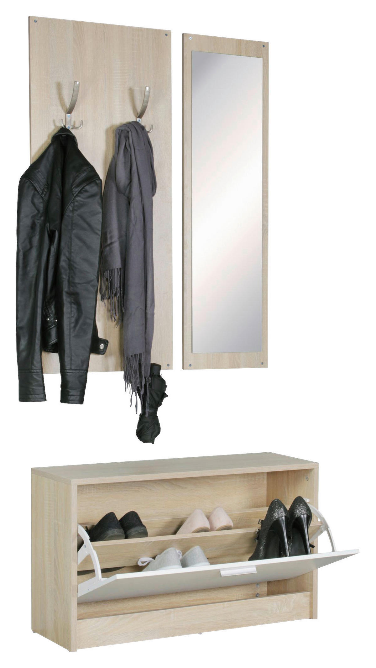 Garderobe Eiche Sonoma Nachbildung weiß B/T: ca. 80x27 cm Garderobe mit Spiegel - Eiche/weiß (80,00/27,00cm) - Wohnling